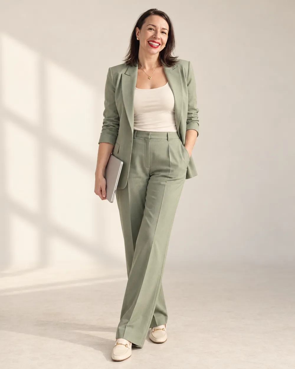 Iwona Polkowska de cuerpo entero, con traje verde salvia y un portátil bajo el brazo